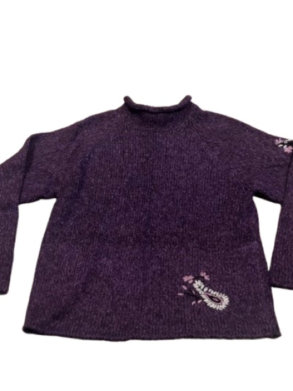 VTG Fashion Bug Roll Neck Knit Sweater Purple Embroidered Cottagecore Granola S